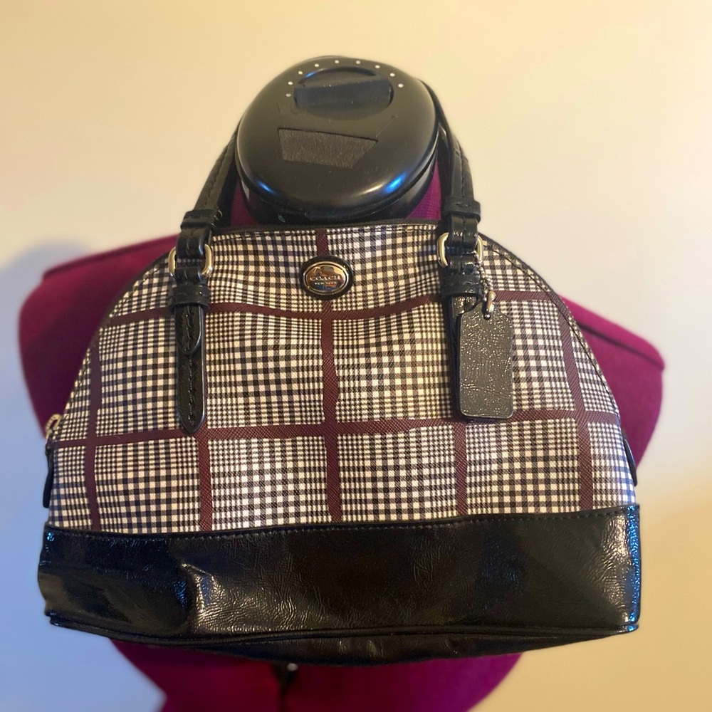 Coach Peyton Glen Plaid Printed Dome Cora Satchel Bag Purse F33319 Plum Black